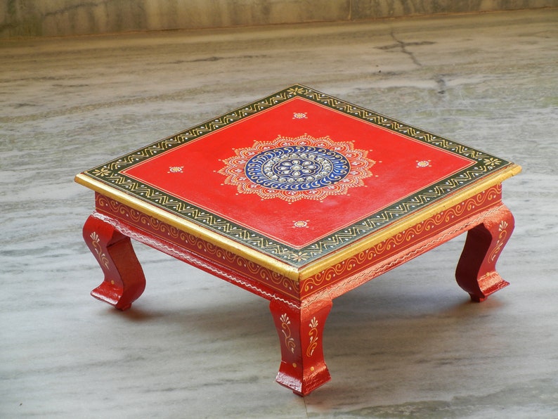 Wooden Handmade Hand Painted Colorful Rangoli Design Indian Chowki, Bajot, Footstool, Table, Bed Table, Coffee Table image 3