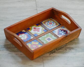 Wooden & Ceramic Decorative Tray, Home Decor, Handmade Hand Painted, Traditional Indian Style, Table Decor, Housewarming Gift