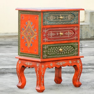 Wooden Indian Bedside Table With 3 Drawers, Nightstand, Side Table, Storage Table, 3 Drawer Chest, Handmade Hand-Painted, Orange Color