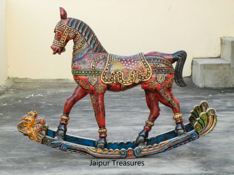 Wooden Rocking Horse Statue Painted Horse Figure Showpiece Etsy