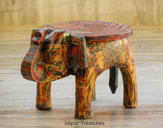 Wooden Elephant Stool Painted Side Table End Table Footstool