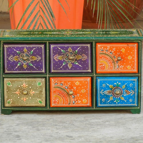Wooden Small 6 Chest Of Drawer, Desk Organizer, Handmade Hand shops Painted, Ethnic Indian Style