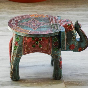 Wooden Elephant Stool, Side Table, End Table, Footstool, Ottoman, Pouffe, Bench chair, Indian Style, Handmade Hand Painted, Kids Stool image 9