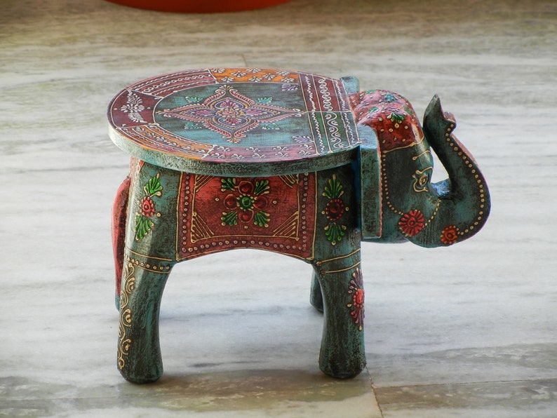 Wooden Elephant Stool, Side Table, End Table, Footstool, Ottoman, Pouffe, Bench chair, Indian Style, Handmade Hand Painted, Kids Stool image 9