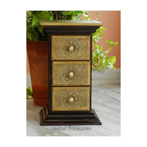 Wooden Brass Drawer Chest with 3 Drawers, Handmade Indian Ethnic Side Table, End Table Storage, Rustic Nightstand