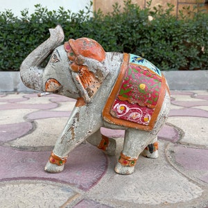 Wooden Elephant Statue, Figure, Showpiece, Distress Rustic Finish, Handmade Hand Painted, Home Decor, Height 8.5 Inches, Figurine