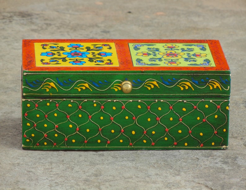 Wooden & Ceramic Box, Trinket Box, Jewelry Organizer, Desk Organizer, Indian Ethnic Style, Handmade image 7