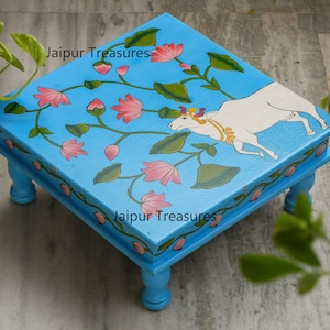 Handmade Wooden Indian Chowki Table, Hand Painted Bajot, Footstool, Bed, Coffee Table, Pichwai Style Stool for Home Decor