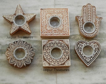 Wooden Block Candle Tealight Holder, Indian Style, Handmade, Table Decor, Diwali Favors - Set Of 6