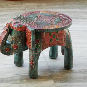 Wooden Elephant Stool, Side Table, End Table, Footstool, Ottoman, Pouffe, Bench chair, Indian Style, Handmade Hand Painted, Kids Stool image 7