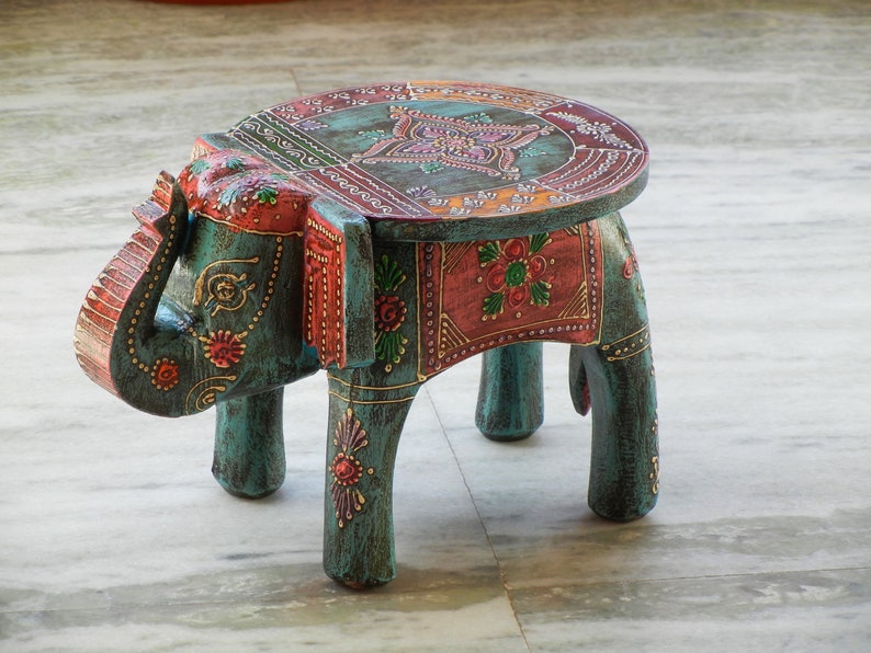 Wooden Elephant Stool, Side Table, End Table, Footstool, Ottoman, Pouffe, Bench chair, Indian Style, Handmade Hand Painted, Kids Stool image 7