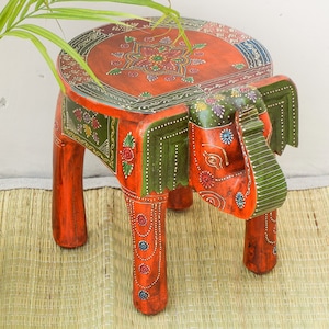 Wooden Elephant Stool, Side Table, End Table, Footstool, Ottoman, Pouffe, Bench chair, Handmade Hand Painted Colour Orange