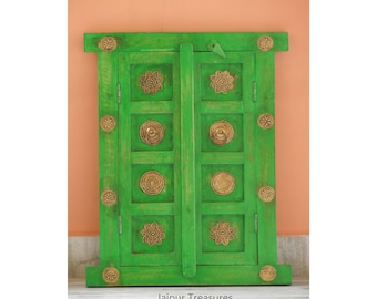 Wooden And Brass Wall Window, Jharokha, Distress Rustic FInish, Traditional Indian Style, Wall Decor, Wall Hanging