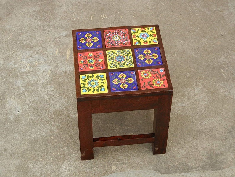 Wooden & Ceramic Nesting Stool, Side Table, End Table, Contemporary Indian Style, Set Of 3 image 5