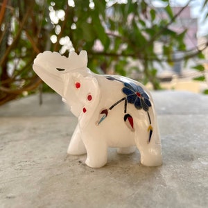 Marble Inlay Elephant Statue Handmade Indian Figurine 2 Inch Table Decor Home Showpiece