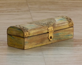 Wooden & Brass Fitted Jewelry Box, Small Treasure Box, Rustic Distress Finish, Indian Style