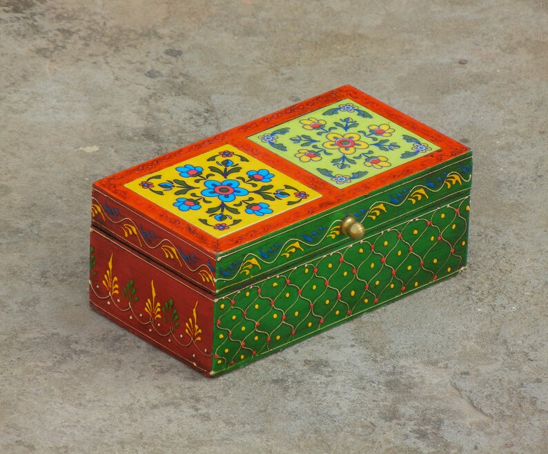 Wooden & Ceramic Box, Trinket Box, Jewelry Organizer, Desk Organizer, Indian Ethnic Style, Handmade image 1