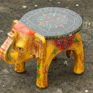 Wooden Elephant Stool, Side Table, End Table, Footstool, Ottoman, Pouffe, Bench chair, Indian Style, Handmade Hand Painted, Kids Stool image 10