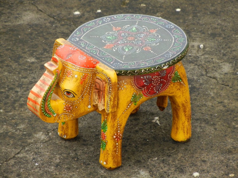 Wooden Elephant Stool, Side Table, End Table, Footstool, Ottoman, Pouffe, Bench chair, Indian Style, Handmade Hand Painted, Kids Stool image 10