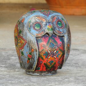 Wooden Painted Owl Statue, Money Bank, Figurine, Showpiece, Home Decor, Handmade Hand Painted, Traditional Indian Style, Height 6 Inches image 1