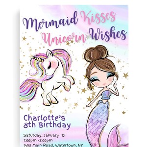 Mermaid Unicorn Birthday Invitation Mermaid Party Kids Birthday Invitation Template Girls Birthday Invitation