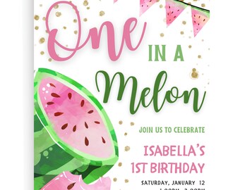 Editable Watermelon Party Invitation, Girl Watermelon, Watermelon Party Editable Template, One in a Melon Invitations