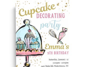 Cupcake decorating birthday Invitation, Cupcake Party, Digital File, Printable, Custom, Cupcake Party Invite, Cake decorating Party