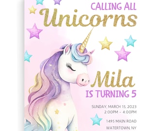 Modèle d'invitation d'anniversaire de licorne pour une fête de la licorne