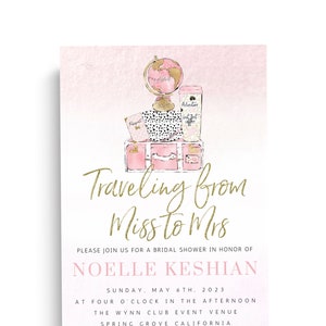 Travel Bridal Shower Invitation, Traveling from Miss to Mrs Invite Template, Vintage Suitcase Blush Pink Gold Floral Printable