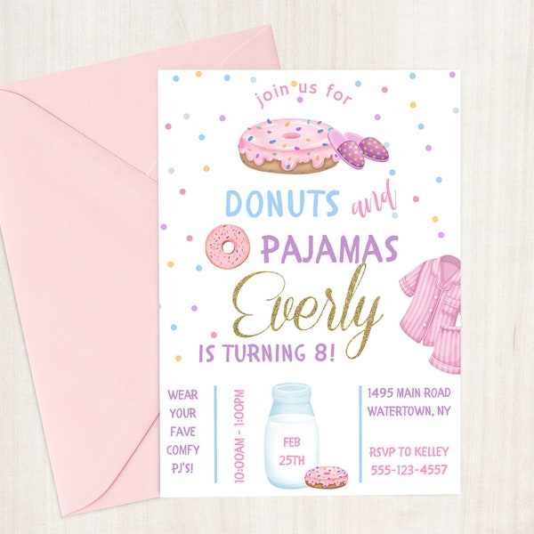 Donuts and Pajamas Birthday Invitation, Donut Party, Digital File, Printable, Custom, Donut Party Invite, Pajama Party, Sleepover Party