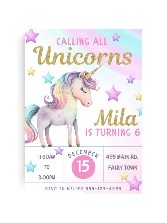 Unicorn Girls Birthday Party Invitation Template Princess And Unicorn