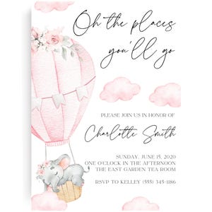 Baby Shower Invitation, Oh the Places You&#39;ll Go, Hot Air Balloon Baby Shower Invitation, Sweet Elephant Baby Shower Invitation