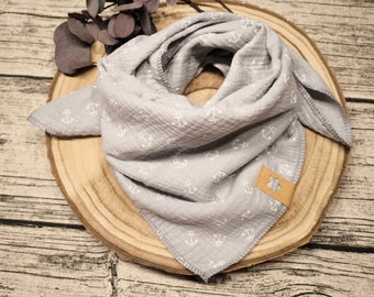 Muslin scarf for babies and toddlers in light gray with white anchors 50 x 50 cm can be worn from 5 months to 4 years