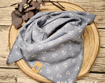 Muslin scarf for babies and toddlers in light blue with white anchors 50 x 50 cm can be worn from 5 months to 4 years
