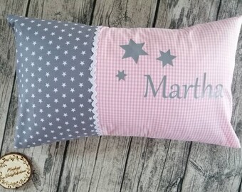 Nursery cushion cushion for birth personalized pink checkered/grey with stars 30 x 50 cm including inner cushion