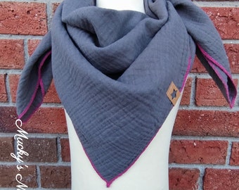 Neckerchief muslin scarf in the color dark gray with pink overlock seam approx. 70 x 70 cm from 4 years also for adults