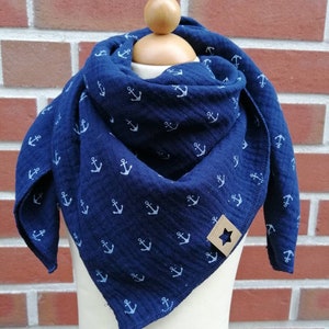 Neckerchief muslin scarf in dark blue with white anchors approx. 70 x 70 cm from 4 years also for adults