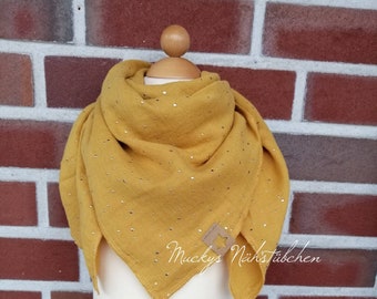 Neckerchief/bib made of muslin in yellow/mustard with golden dots 70 x 70 cm from 4 years also for adults