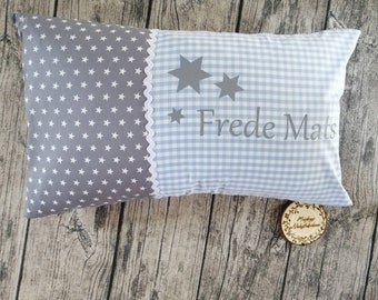 Kindergarten cushion Cushion for birth personalized light blue checkered / grey with stars 30 x 50 cm incl. inner cushion