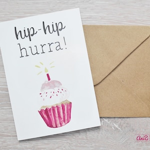 Postkarte, Geburtstagskarte, mit Briefumschlag, Glückwunschkarte, Muffin, Karte, Grußkarte, hip hip hurra, Geburtstag, Cupcake, Kraftpapier