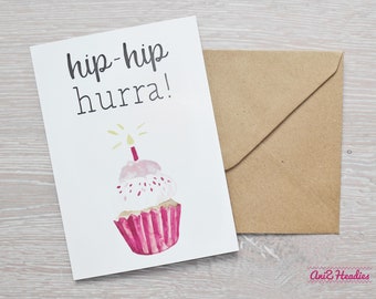 Tarjeta postal, tarjeta de cumpleaños, con sobre, tarjeta de felicitación, muffin, tarjeta, tarjeta de felicitación, hip hip hurra, cumpleaños, cupcake, papel kraft