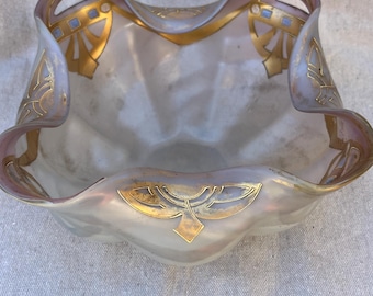 Tigela antiga de vidro artístico HOSCH, estilo boho, com padrão SHELL, canelada e com detalhes em folha de ouro.