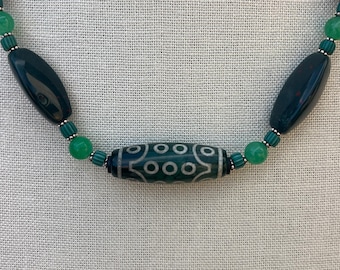 Colar Tibetano com Contas Dzi de Dragão, Jade Ágata Verde, Talismã de Pedra de Buda