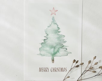 Cartolina di Natale | Albero di Natale con stella | Cartolina di Natale Cartolina di Natale Cartoline di Natale dipinte a mano ad acquerello Cartolina A6