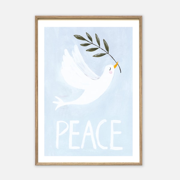 Kunstdruck | Peace | Aquarellbild mit Taube und Schriftzug Gemälde kaufen Geschenk Typographie