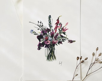 Ansichtkaart Aquarel Bloemen | Paars boeket | Ansichtkaart A6 kaart Botanische ansichtkaart verjaardag verjaardagskaart