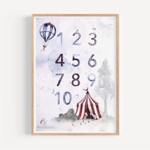 Cartel número | circo | Imagen A3, póster para habitación de niños, habitación de niños, números de aprendizaje, regalo para niño, regalo para niña, póster para niños