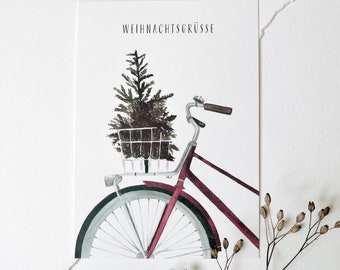 Carte de Noël | Vélo de vœux de Noël | Carte postale Carte de Noël Carte de Noël Aquarelle Cartes de Noël peintes à la main Carte postale A6