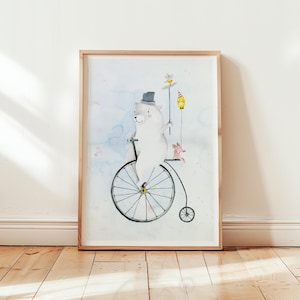 Pósters | Oso en bicicleta | Imagen póster para habitación de niños, póster de animales para habitación de niños, regalo de oso, regalo para niño, póster para niña, póster para niños