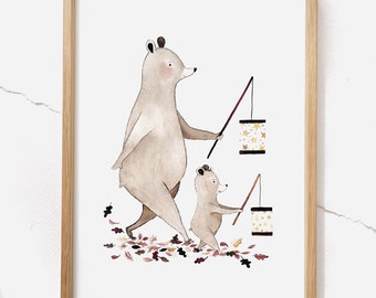 Posters | Bear Lantern Parade | A4 & A3 picture children's room poster children's room animal poster gift boy gift girl poster children's poster